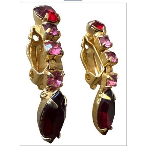 Vintage Gold-Tone Clip-On Earrings With Red & Pink Rhinestones - Picture 2 of 9